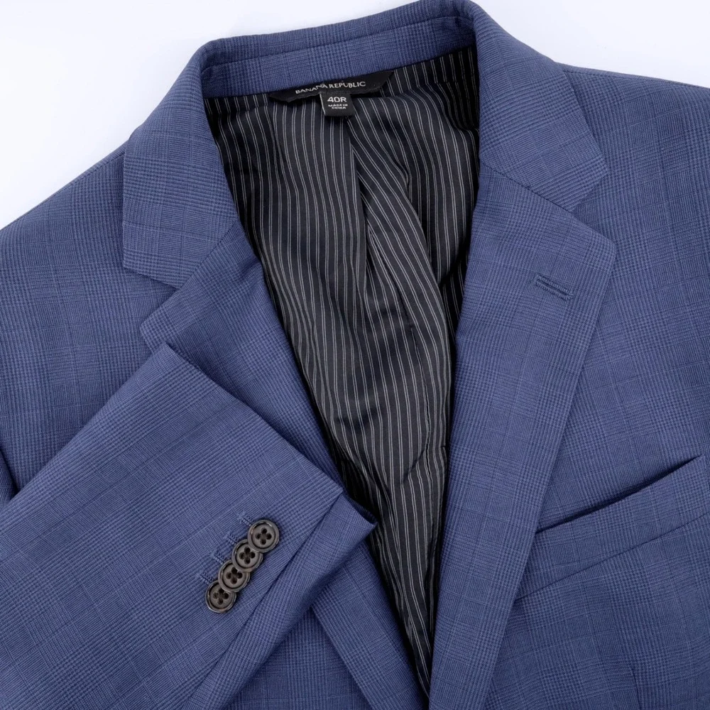 Banana Republic Slim Fit Italian Wool Plaid Blazer Blue Mens 40R